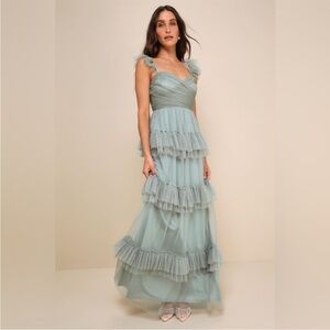 Elegant Ruffled Evening Gown in Soft Green